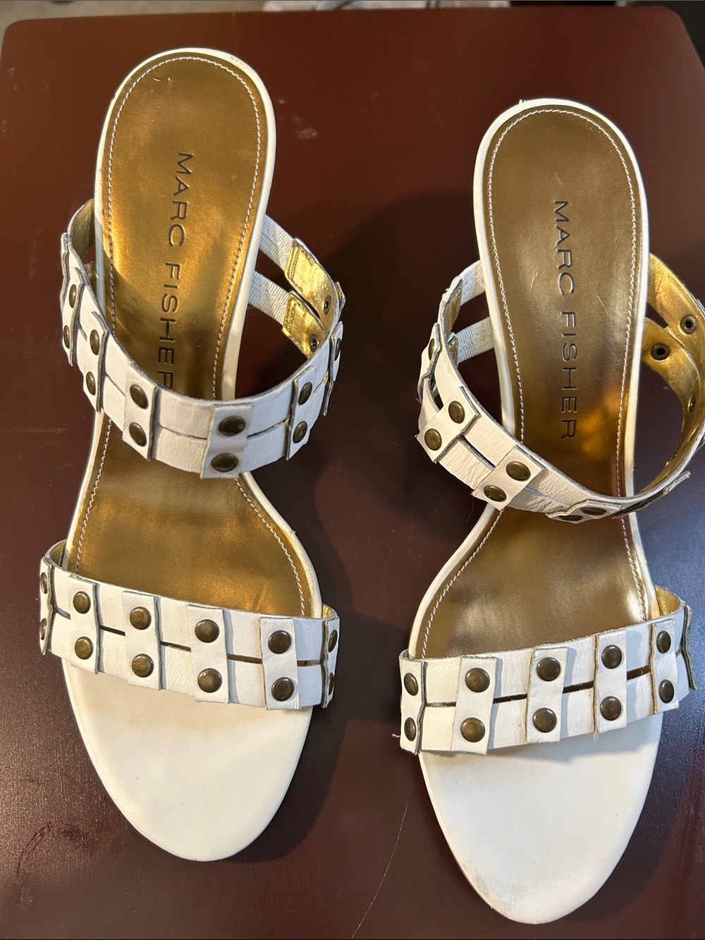 Marc Fisher White Studded Slide Sandals with Gold Insole